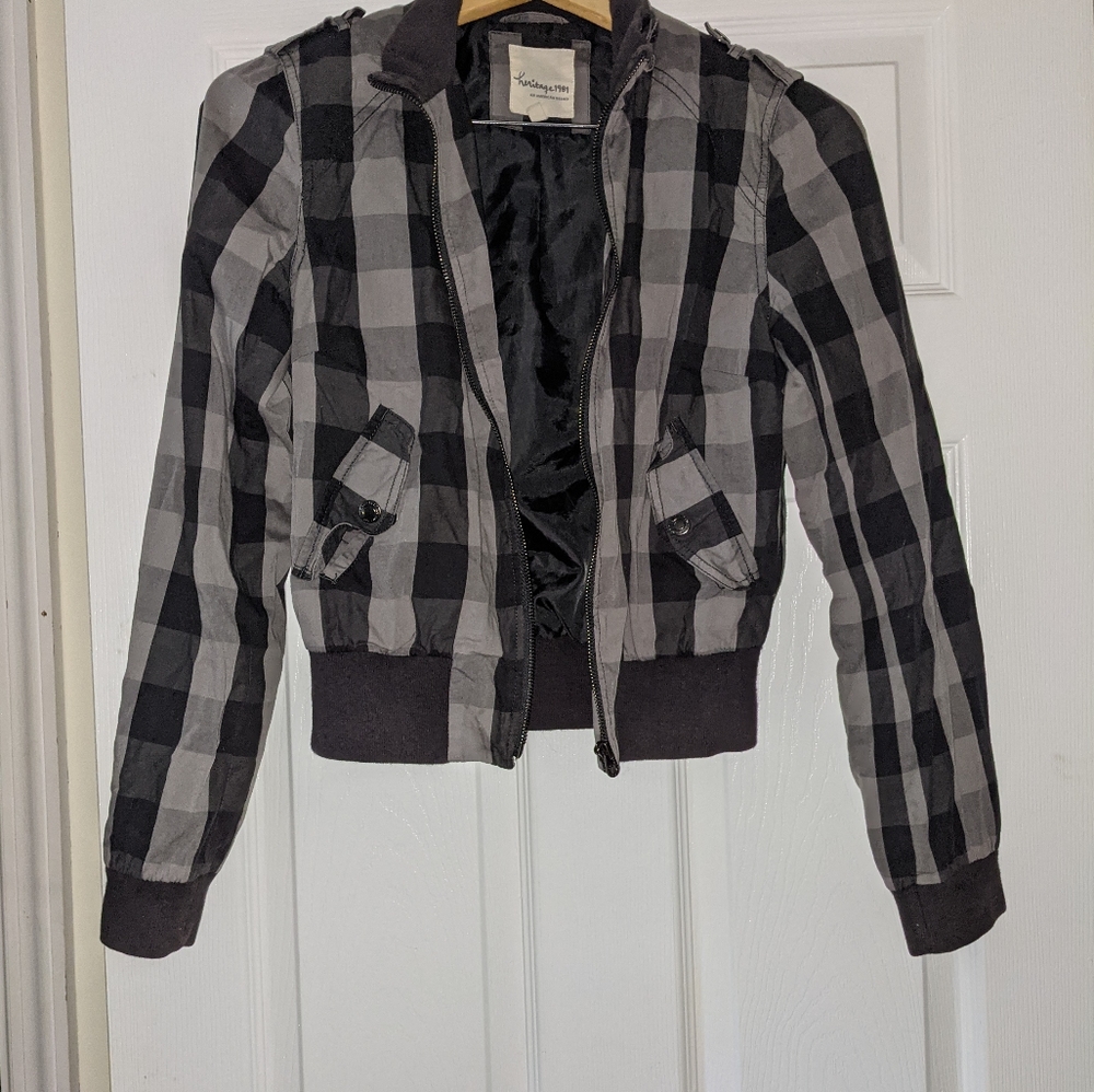 Grey Black Plaid Checked Lined Crop Bomber Jacket